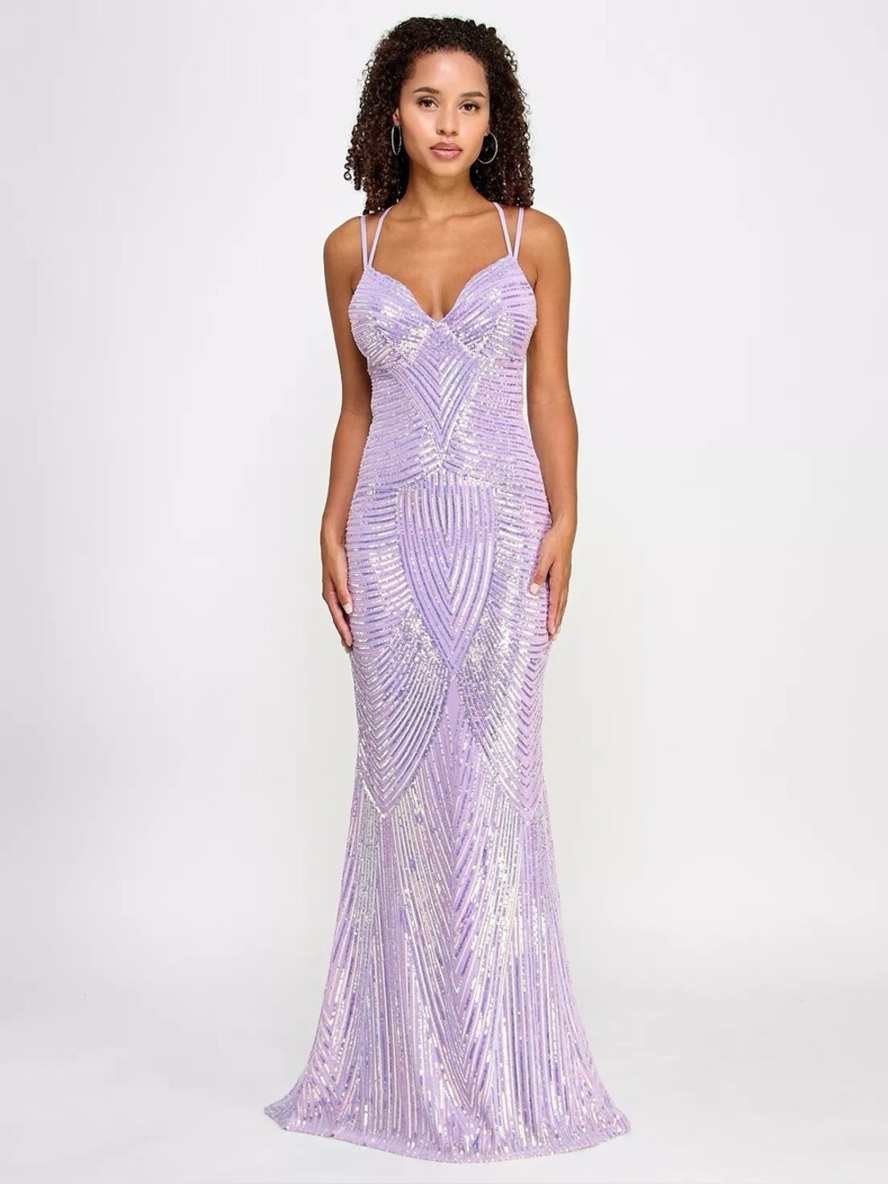 B Darlin Lavender Iridescent Sequin V-Neck Mermaid Gown